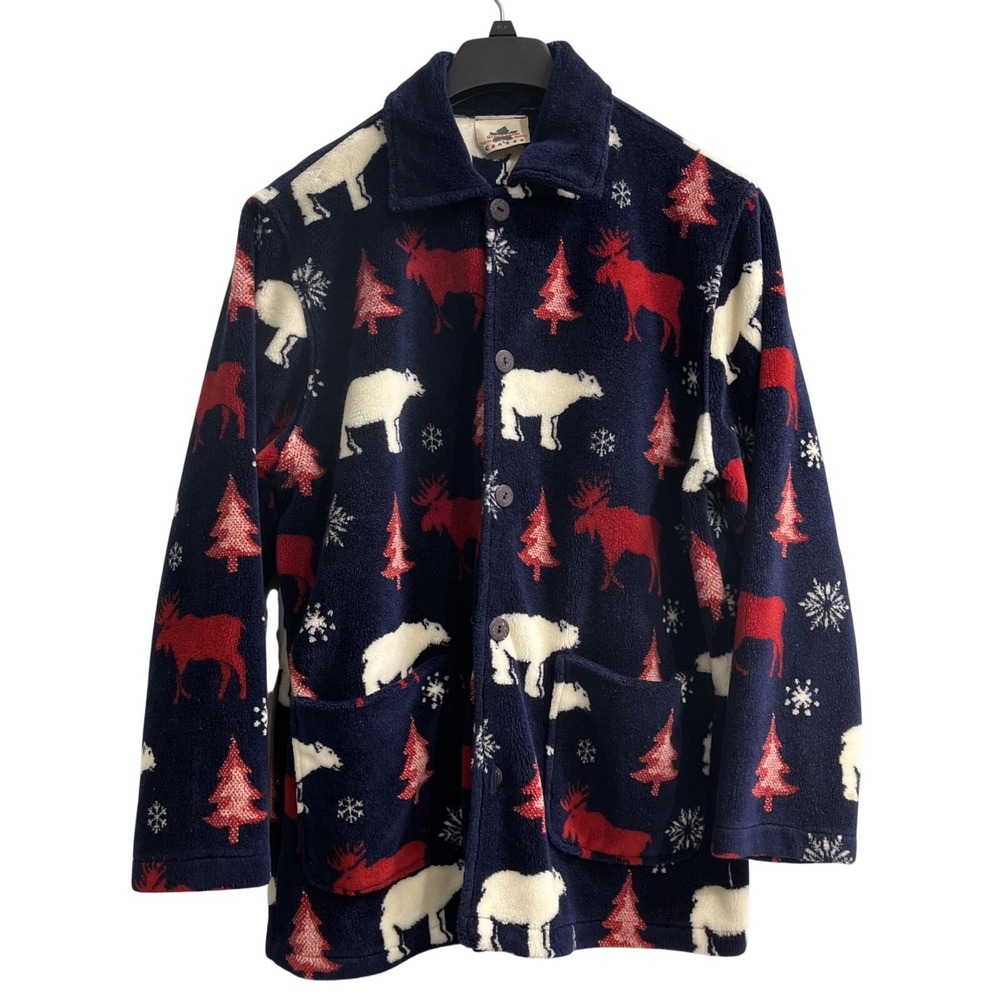 Quality Goods Canada Fleece Jacket Womens OS Blue Polar Bear Winter Cabin Print
